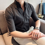 Men Shirts V-neck Striped Half Sleeve Shirt