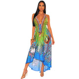 Women Exotic Dresses Summer Retro V-neck Sexy Backless Dress Printing Slip Dress