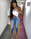 Women Plus Size Jeans High Waist Slim-Fitting Patchwork Tassel Trousers