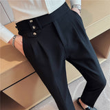 Men Trousers Slim Fit Curled Hem Men's Solid Color Long Pants