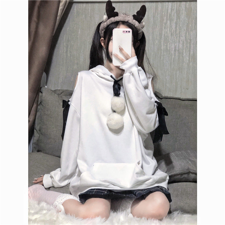 Gothic Lolita Harajuku Style Clothing Fall Pompons off-the-Shoulder Bow Hooded Sweater