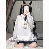 Gothic Lolita Harajuku Style Clothing Fall Pompons off-the-Shoulder Bow Hooded Sweater