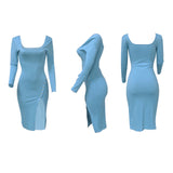 Women's Autumn Square Collar Slimming Sexy Slit Dress