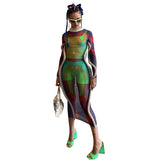 Music Festivals Rave Outfits Dress Autumn Turtleneck Long Sleeve Sexy See-through Printed Slim Fit Sheath Dress