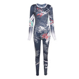 Autumn Retro Chinese Style Printed High Waist Tight Sports Jumpsuit