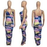 Spring and Summer V-neck Brace Tie-Dye Printing Slit Dress