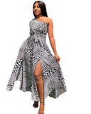 Women Plus Size Midi Dresses Printed Off-Shoulder Pure Color Split Dress