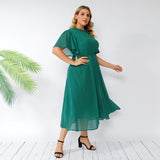 Women Plus Size Maxi Dresses Summer Green Bell Sleeve Ruffled Backless Chiffon Dress