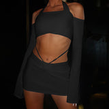 Women Top & Skirt 2 Piece Set Autumn Long Sleeve Backless T-shirt Slim Fit Sheath Skirt Suit