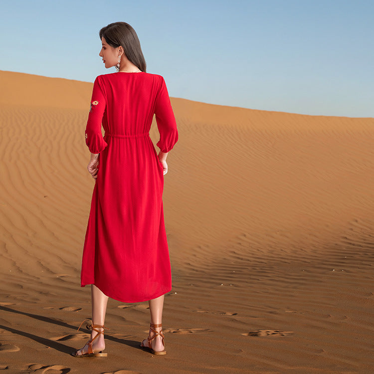 Beth Dutton Bohemian Dress Winter Autumn Midi Dresses Embroidered Cotton Linen Soft V-neck Long Sleeve Waist-Controlled Lace-up Vacation Long Dress