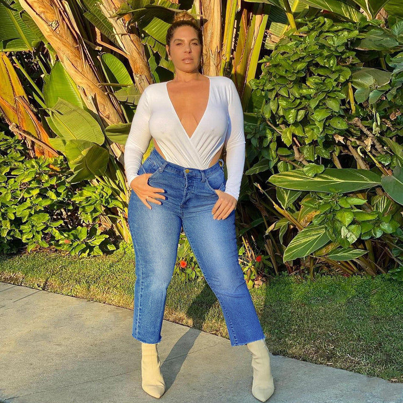 Women Plus Size Jeans High Waist Slim Denim Straight-Leg Pants