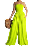 Women Plus Size Pants Wrapped Chest Solid Color Pocket Wide Leg Jumpsuit