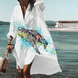 Women Bohemian Dress Summer Loose Lapel Long Sleeves Printed Dress