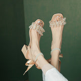 Nude Wide Fit Block Heels Bowknot High Heel Sandals
