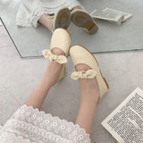 Nude Block Heel Sands Mary Jane Bow Leather Shoes