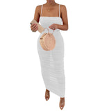 Pure Color Mesh See-through Sexy Suspender Pleated Dress