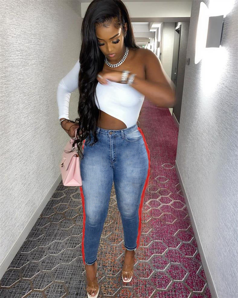 Women Plus Size Jeans High Waist Slim-Fitting Patchwork Tassel Skinny Pants