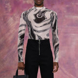 Transparent Shirt for Men Zebra Stripes Fashionable See-through Turtleneck T-shirt