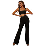Women Bodycon Dress Spring/Summer Black Two-Piece Set Fashion Suspenders Top Bell-Bottom Pants