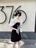 Black and White Dress French Retro Black and White Decorative Stitching Lace Short Sleeve Dress Hepburn Black Dress