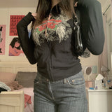 Black Rose Hoodie Rose Wings Printing Contrast Color Long Sleeves Hooded Zipper Sweatshirt