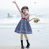 Gothic Lolita Harajuku Style Clothing Lolita Skirt Azure Poetry Op Japanese Style Sweet College Style Sailor Collar Lolita