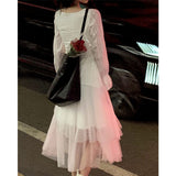 Fairy Dress White Dress Long Fairy Dress Autumn Puff Sleeve Irregular Mesh Dress