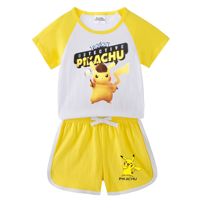 Children Pokemon Pikachu Tshirts & Shorts Short-Sleeved T-shirt Shorts Two-Piece Sports Neutral