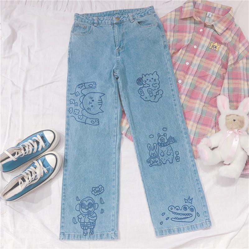 Anime Print Jeans Denim Pants Jeans Baggy Straight Trousers for men Clothing