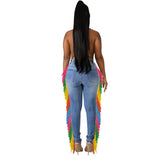 Women Plus Size Jeans High Waist Slim Fit Multicolored Tassel Denim Skinny Pants