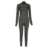 Autumn Sexy Hollow-out Striped Mock-Neck Hip Raise Skinny Sports Jumpsuit Women
