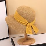 Straw Hat Dome Sunhat Summer Hat French Elegant Wide Brim Bucket Hat