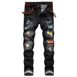 J Shaped Jeans Men's Jeans Straight Hole Colored Mosaic Patchwork Stick-on Crystals