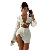 Women Top & Skirt 2 Piece Set Autumn Cardigan Long Sleeve T-shirt Slim Fit Slit Skirt Suit