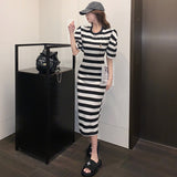 Black and White Dress Striped Dress Casual Overknee Skirt
