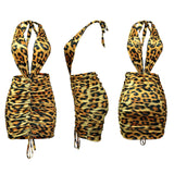 Halter Sexy Leopard Print Pleated Lace-up Dress