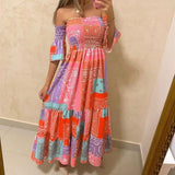 Women Bohemian Dress Summer off-the-Shoulder Waist Trimming Printing Dress
