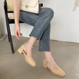 Nude Block Heel Sandals Summer Leather Shoes