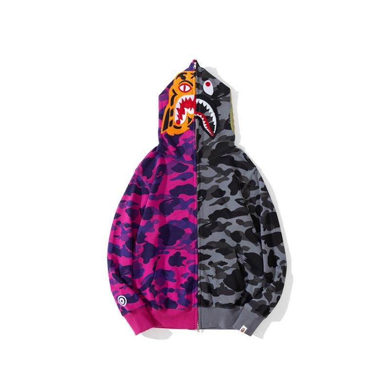 Shark Print Hoodie Autumn and Winter Color Matching Stitched Camouflage Sweater Pocket Zipper Fleece Padded Coat Male and Female Couples Wear Tide