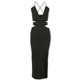 Music Festivals Rave Outfits Dress Autumn Winter Sexy Backless V-neck Solid Color Slim Dress