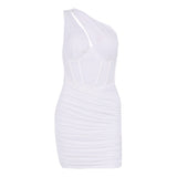 Bella Hadid Dress Mesh Diagonal Shoulder Hollow out Fishbone Steel Ring Pleated Backless Dress