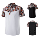 Men's T-Shirt Men's Printed Stitching Short Sleeves Button Shirt Stand Collar