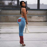 Women Plus Size Jeans Plaid Stitching Pants