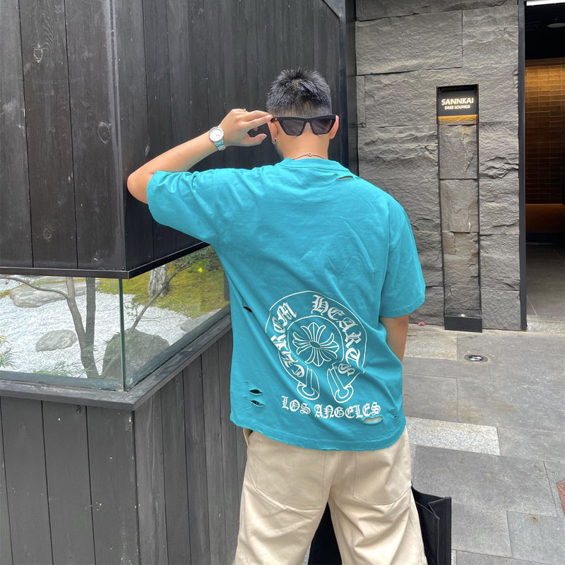 CHH Chrome Heart T Shirt Spring/Summer Printed Ripped round Neck Short Sleeve T-shirt for Men and Women