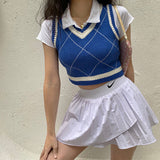 Preppy Aesthetic Outfits Spring Vintage Hit Color Diamond Lattice Knitted Waistcoat for Women V-neck Pullover Sweater