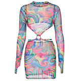 Women Exotic Dresses Spring Sexy Long Sleeve Printed Mesh Dress