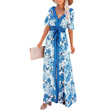 Spring and Summer Floral Slit Lace-up Temperament Leisure Vacation Style Dress