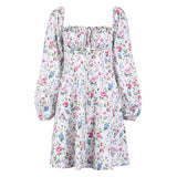Women Summer Dresses Mini Dress Square Collar Halter Puff Sleeve Floral Skirt Dress