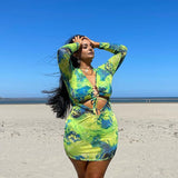 Abstract Bodycon Dress   Printed Short Skirt Green Long Sleeve