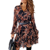 Beth Dutton Bohemian Dress Winter Autumn Midi Dresses Printed V-neck Long Sleeve Belt Flounced Skirt